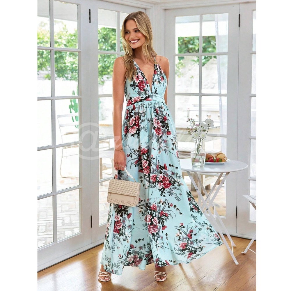 Backless Floral Print Maxi Dress Criss Cross - Picture 7 of 14